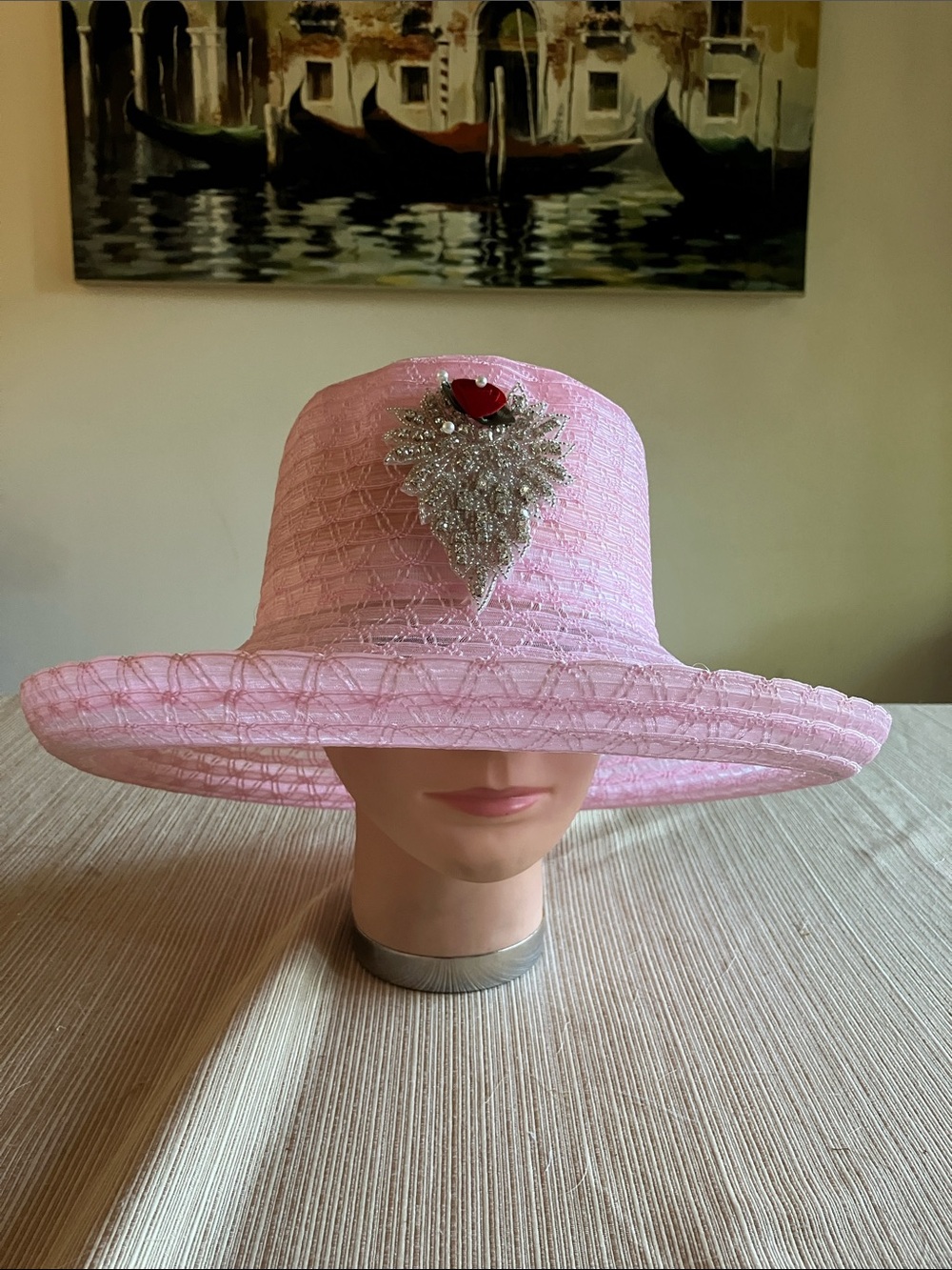 Elegant Pink Wide-Brim Decorative Women's Hat